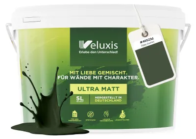 Produktbild von Wandfarbe Grün Dunkelgrün Braun Matt Innenfarbe – Deckkraft Klasse 1, VOC-frei, Ohne Grundierung, Tropfarm – Wohnzimmer & Schlafzimmer – 5L – Veluxis (Zippy Zucchini)