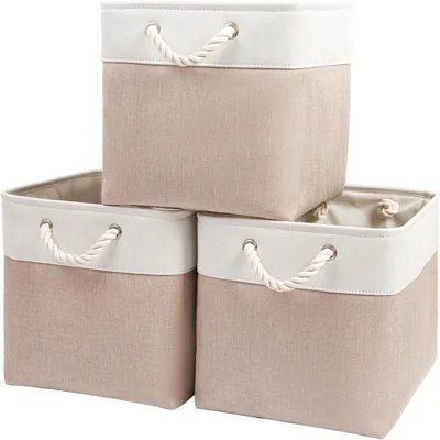 Produktbild von Aufbewahrungsbox Stoff 33x38x33cm Khaki/Weiß 3er Pack