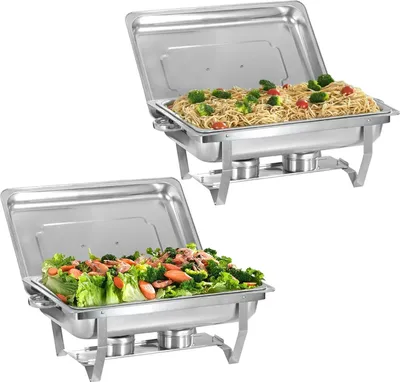 Zdjęcie produktu dla Podgrzewacz do bufetu – zestaw 2 sztuk – pojemność 9 l – podwójny palnik – stal nierdzewna – prostokątny – izolowana pokrywa – uchwyty do przenoszenia – srebrny