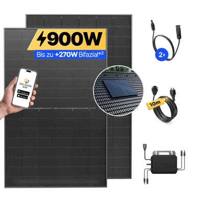Produktbild von Balkonkraftwerk 900W Solaranlage mit Ziegeldach Halterung (Paarmontage) Steckerfertig Komplettset Photovoltaik Anlage 800W, Kabellänge: 10m, Solakon