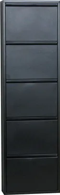 A tall, narrow black shoe cabinet with five flip-down doors.