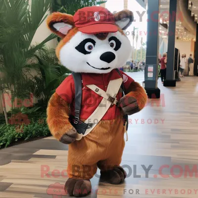 Produktbild von Maskottchen REDBROKOLY eines beigen Roten Pandas mit Chinos und Stirnbändern