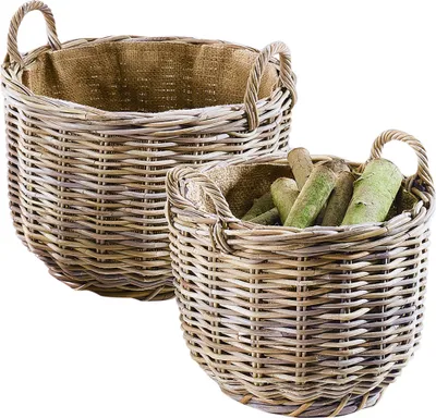 Obrázek produktu pro Kobolo nosič dřeva koše na dřevo sada 2 kulatých šedých ratanových košů | koš na dřevo na topení koš na dřevo koše na dřevo koše na dřevo koše na dřevo dekorace obývacího pokoje