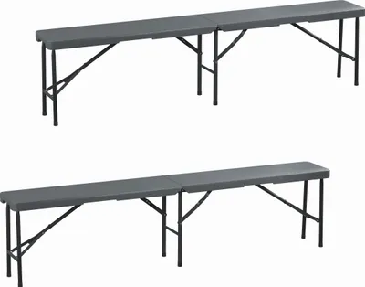 Zdjęcie produktu dla Zestaw 2 ławek piwnych Relaxdays, składane, tworzywo sztuczne, stal, ławki kempingowe, na balkon i do ogrodu, wys. x szer. x gł.: 43 x 180 x 25 cm, szare