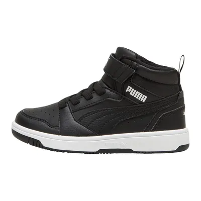 A studio shot of a single black Puma sneaker.
