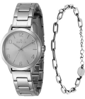 Imagen del producto de Reloj Invicta Wildflower 47270 para mujer, con movimiento de cuarzo, caja de acero inoxidable con esfera plateada, 34 mm de diámetro, y correa a juego