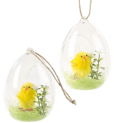 Image de 2 décorations en verre à poser ou à suspendre avec poussin de Pâques