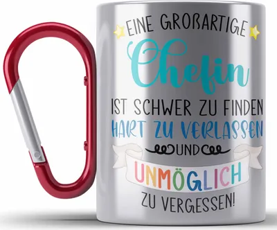 Produktbild von Trendation - Chefin Abschied Abschiedsgeschenk Chefinnen Edelstahl Tasse Karabiner mit Spruch Grossartige Chefin Geschenkidee (Rot)