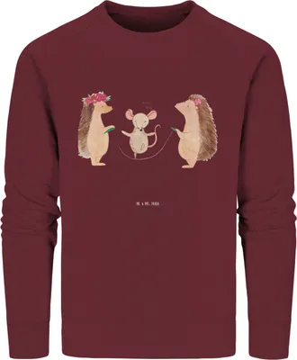 Produktbild von Mr. & Mrs. Panda Baumwoll Sweatshirt Igel Seilhüpfen Größe XS - Burgundy - Geschenk, Pulli, Bio Pullover, Seilspringen, Sweater, Maus, Kindergarten, Kinder