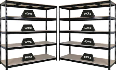 Produktbild von Mega Deal | 2x Profi Schwerlastregal BISON | HxBxT 200x180x60cm | 5 Fachböden | Fachlast 600kg | Schwarz