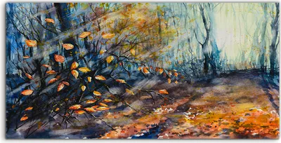 Produktbild von Coloray Spritzschutz aus Glas 140x70  Wandkunst Küchenrückwand Natur mit herbstlichem Wald Aquarell