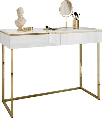 A white console table with gold accents and legs, decorated with a bust, jewelry, and makeup brushes.