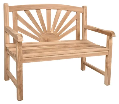 Bank Gartenbank MARSIA 2-Sitzer aus Teakholz mit Sonnenmotiv in Gesamtansicht von vorne mit geschwungener Rückenlehne.