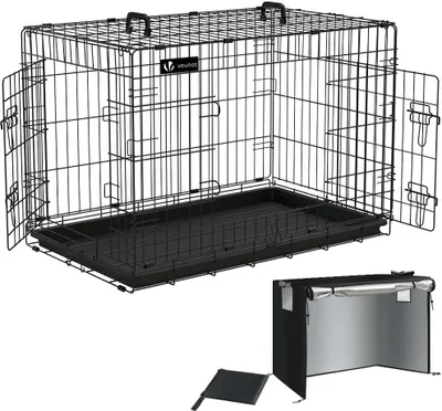 A black wire dog crate with a black plastic tray and a separate black and silver cover. The crate is shown with both front doors open.