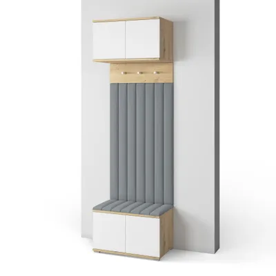 Produktbild von Garderoben-Set Aura Version 11: Schuhschrank mit Polsterpaneelen, Hängeschrank für Flur und Eingangsbereich (Weiß / Eiche Artisan/Trinity 14)