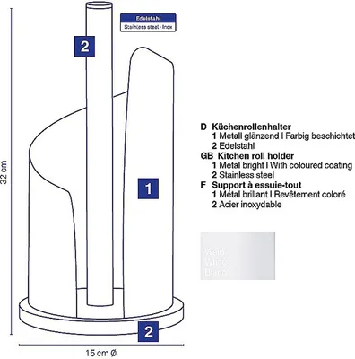 Image de KELA Porte-rouleau de cuisine Stella Ø15cm H : 32cm inox, blanc brillant