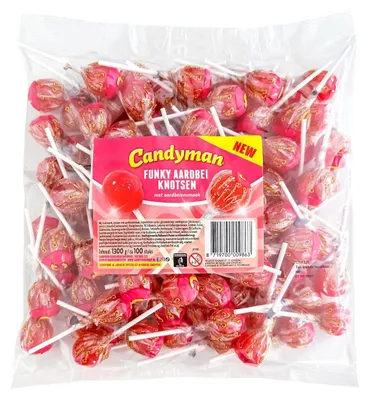 Produktbild von Candyman Funky Erdbeer Knotsen 100 Stück, 1300 g – Fruchtige Erdbeer-Lutscher