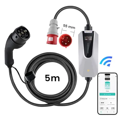 Productafbeelding van Mobiele laadkabel 11kW voor elektrische auto's en plug-in hybrides – Type 2 aansluiting met CEE-stekker, 5 meter laadkabel, instelbaar tot 16A, met app en WLAN-connectiviteit, draagbare laadoplossing