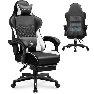 A black and white gaming chair, shown from the front and back.