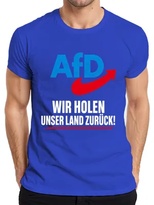 Immagine prodotto di AfD: "Riprendiamoci il nostro paese". Maglietta da uomo, blu, taglia M, con scritta patriottica e tono sarcastico