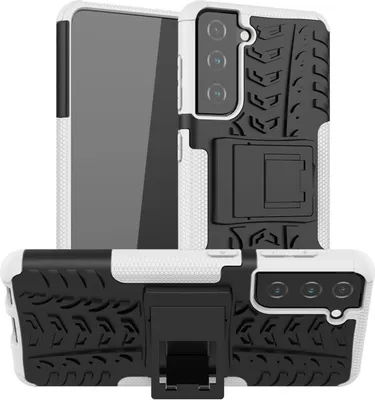 A white and black phone case with a kickstand is shown from two angles.