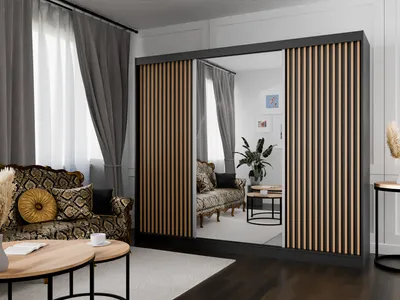 Produktbild von Kleiderschrank Lili mit Lamellen 250 cm inklusive 3 Schiebetüren Schwebetürenschrank Kleiderstange Garderobe Schrank Lieferung bis in die Wohnung (Farbe: schwarz, schwarz, Lamelle wotan, Spiegel)
