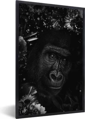 Produktbild von MuchoWow® Gerahmtes Poster Botanischer Affe mit hellen Kugeln auf dunklem Hintergrund - schwarz und weiß 60x90 cm - Poster mit Schwarzem Bilderrahmen Wandposter Rahmen Foto Bilder - Kunst