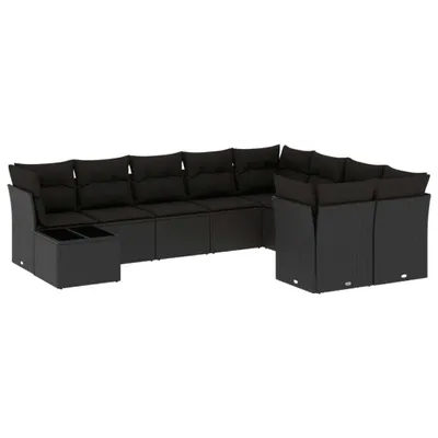 Produktbild von 10-tlg. Gartenmöbel-Set, modulare Sofagarnitur mit Glastisch, Kissen, aus schwarzem Poly Rattan, UV-beständig, abnehmbare Bezüge