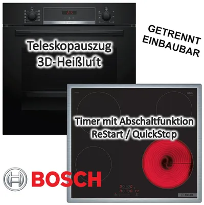 Produktbild von HERDSET BOSCH Backofen Teleskopauszug EcoClean Direct + Elektrokochfeld Timer autark 60cm