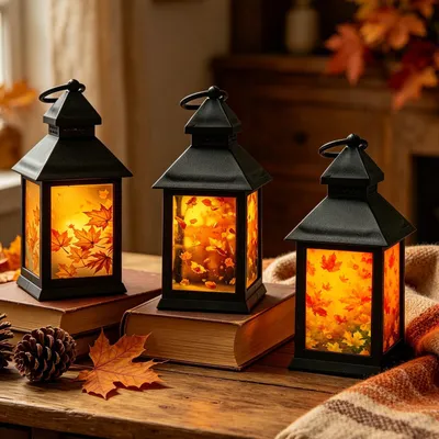 Productafbeelding van Set van 3 Herfstdecoratie Tafellantaarns met LED Kaarsen