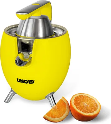 Die Unold ZITRUSPRESSE Power Juicy ist eine gelb-silberne elektrische Zitruspresse mit abgerundetem 