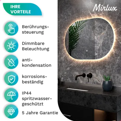 Produktbild von Mirlux Badezimmerspiegel mit LED Beleuchtung - Wandspiegel Rund - Anti-Kondensations Duschspiegel - 90x60CM