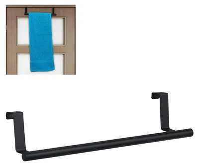 Image de Porte-serviettes pour porte et armoire, à accrocher, en acier inoxydable, barre porte-serviettes sans perçage, cuisine et salle de bains, noir