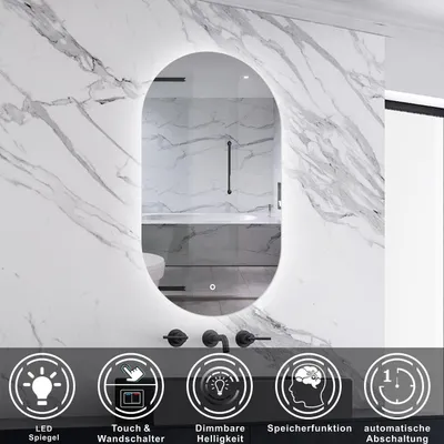 Produktbild von LED Badspiegel Oval 50x90cm mit Touch/Wandschalter Kaltweiß Dimmbar Memory-Funktion Hinterbeleuchtung Wandspiegel IP44