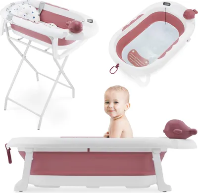 A collage of images showing a baby bath in different configurations and a baby.