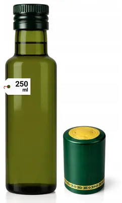 Zdjęcie produktu dla Butelka na oliwę 250 ml Dorica zielona z dozownikiem niekapek i zakrętką – szklana oliwiarka, butelka na ocet z kapturkiem termokurczliwym