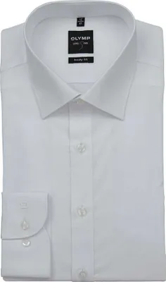 A folded white long-sleeved dress shirt is laid flat on a white background.