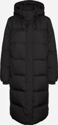 A full-length studio shot of a black puffer jacket.