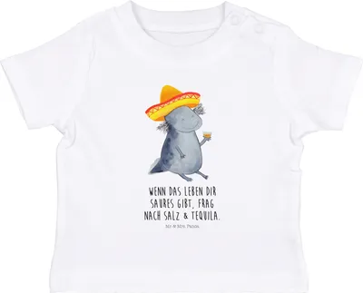 Produktbild von Mr. & Mrs. Panda Babyshirt Axolotl Tequila 12. - 18. Monat - Weiß - Geschenk, trinken, Mexiko, Kinder Top, Kleinkind Shirt, Sombrero, Zitrone,  T-Shirt, Baumwolle Baby