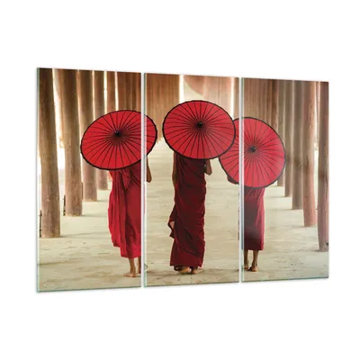 Produktbild von Bilder auf glas - 3 Teile - Bhutan Regenschirm Rot - 165x110cm - Glasbilder - Wandbilder - Bilder - zum Aufhängen bereit - Wanddekoration aus Glas - Glas Bilder - Wandbild auf Glas - GCE165x110-4290
