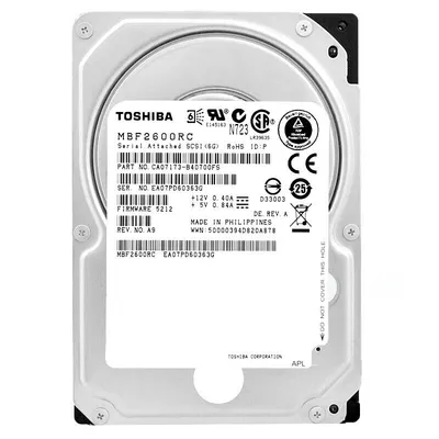 A close-up, top-down view of a Toshiba hard drive with a label showing its specifications.