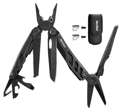Multitool 16-in-1, klappbar, Edelstahl, Zange, Messer, Schere, Säge, schwarz