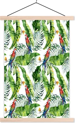 Produktbild von MuchoWow® Textilposter Blumen - Blätter - Papagei 120x180 cm mit holzfarbenen Rahmen - Textil-Plakat