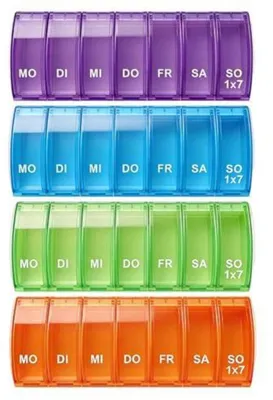 Produktbild von Medikamentenbox 7 Tage Klein Set 4er Pillendose Transparent Farbige Tablettenbox Wochenorganisation