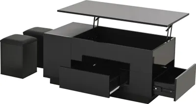 Image de OKWISH Table basse noire réglable en hauteur avec 2 tiroirs et 2 tabourets 100×50×45 cm, table d’appoint avec rangement caché, table de salon avec LED