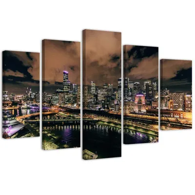 Produktbild von 5-teiliges leinwandbild moderne stadt bei nacht 150x100 cm Feeby braun wandbild bereit zum aufhängen