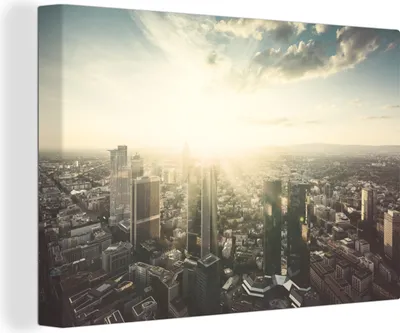 Produktbild von OneMillionCanvasses® - Leinwandbilder - 140x90 cm, Die Sonne scheint auf die Stadt Frankfurt am Main in Deutschland, Wandbilder Kunstdruck Wanddekoration - Foto auf Leinwand -