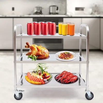 Produktbild von 3 Serviertabletts, Servierwagen aus Edelstahl, Tee- und Küchenwagen, Gastro-Servierhilfe, 4 Räder