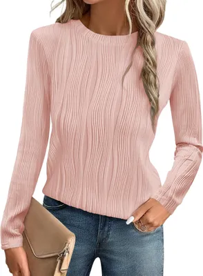 Produktbild von ASKSA Damen T-Shirt Rundhals Plissee Langarmshirts Basic Einfarbig Laessig Casual Bluse Elegant Oberteile (Rosa,L)