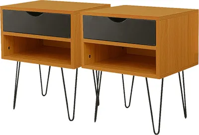 Produktbild von 2er Set Nachttische Nachtschrank Kommode mit Metallbeinen Beistellschrank 40x34x50cm Braun